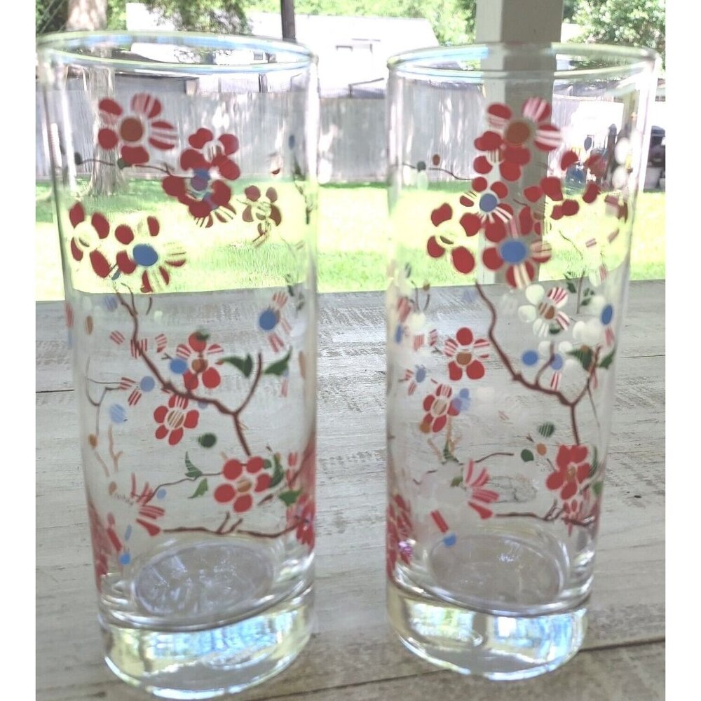 2 Ocean Thailand Red White Blue Flower Cherry Blossom Poppy Highball Glass VTG